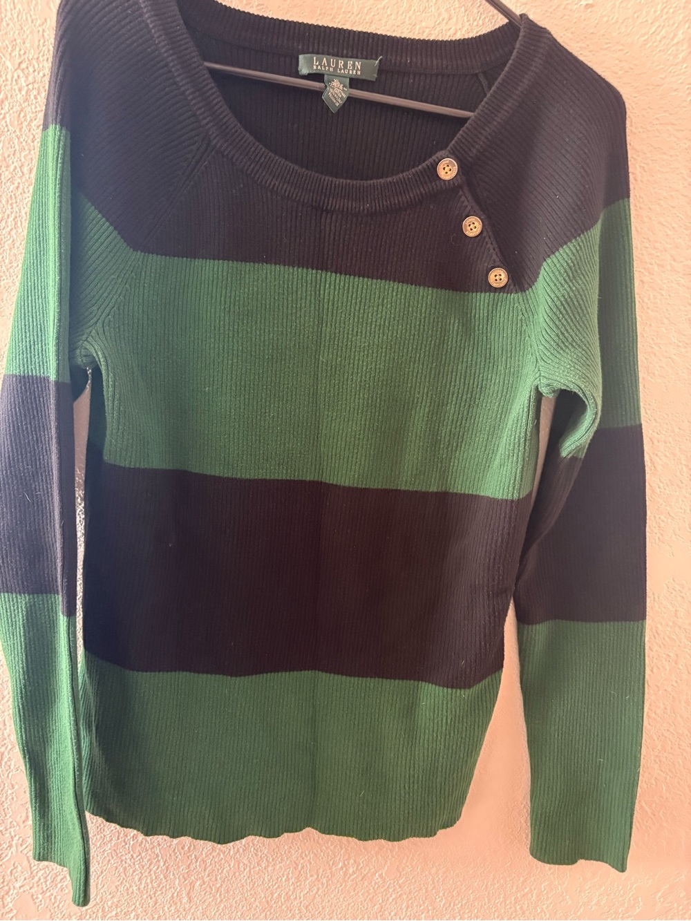 Lauren Ralph Lauren Green and Black Striped Button-Shoulder Sweater